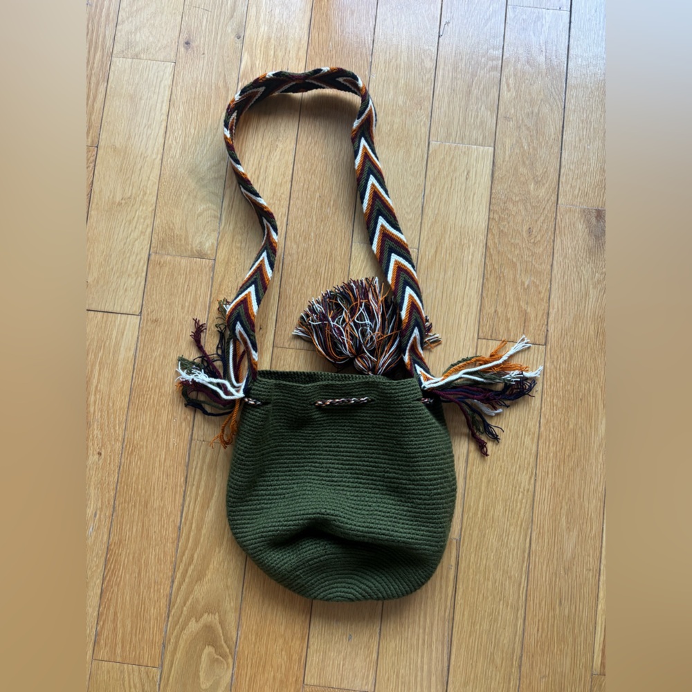 Green Knit Wayuu Bag with Multicolor Strap